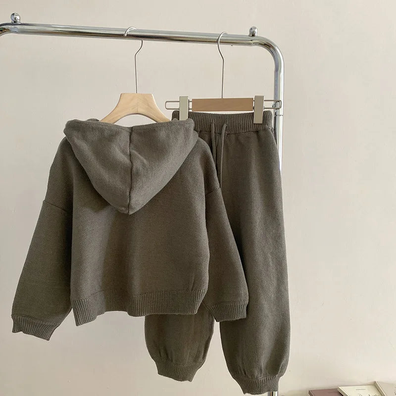 Children Clothing 2022 Autumn Winter Girls Casual Sweater Set Hooded Knitted Coat and Pants Two Piece Set Korean Kids Clothes