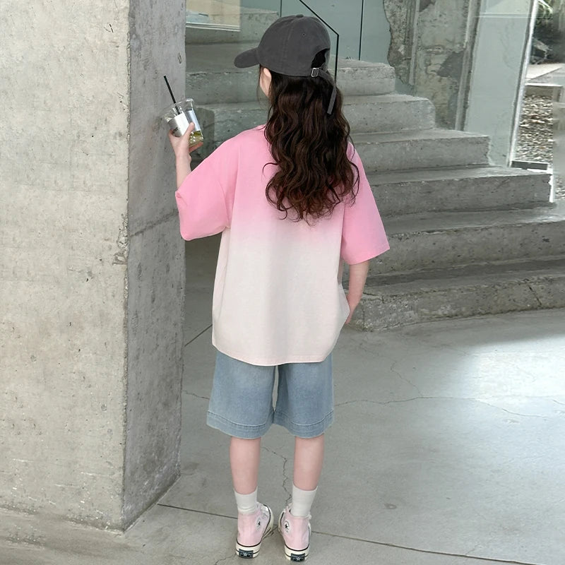 Kids Luxury Clothing Set for Girl Summer Outfit Suit Gradient Top and Bottom Clothes Set Children High Quality Tracksuit Garment
