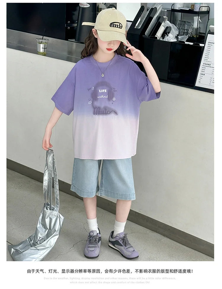 Kids Luxury Clothing Set for Girl Summer Outfit Suit Gradient Top and Bottom Clothes Set Children High Quality Tracksuit Garment