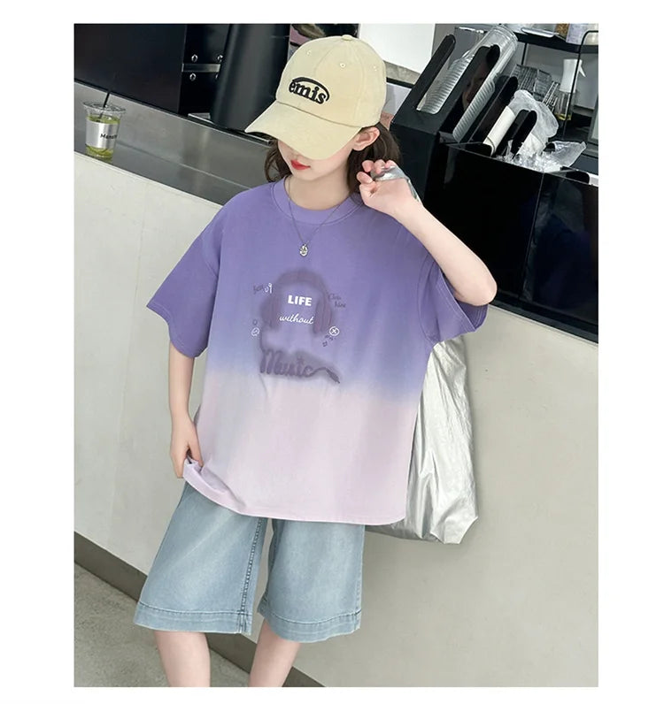Kids Luxury Clothing Set for Girl Summer Outfit Suit Gradient Top and Bottom Clothes Set Children High Quality Tracksuit Garment