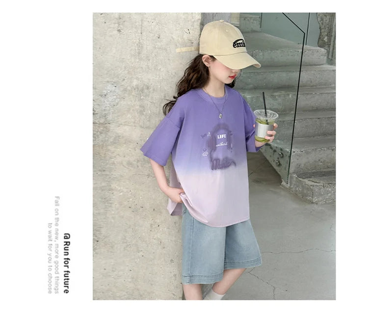 Kids Luxury Clothing Set for Girl Summer Outfit Suit Gradient Top and Bottom Clothes Set Children High Quality Tracksuit Garment