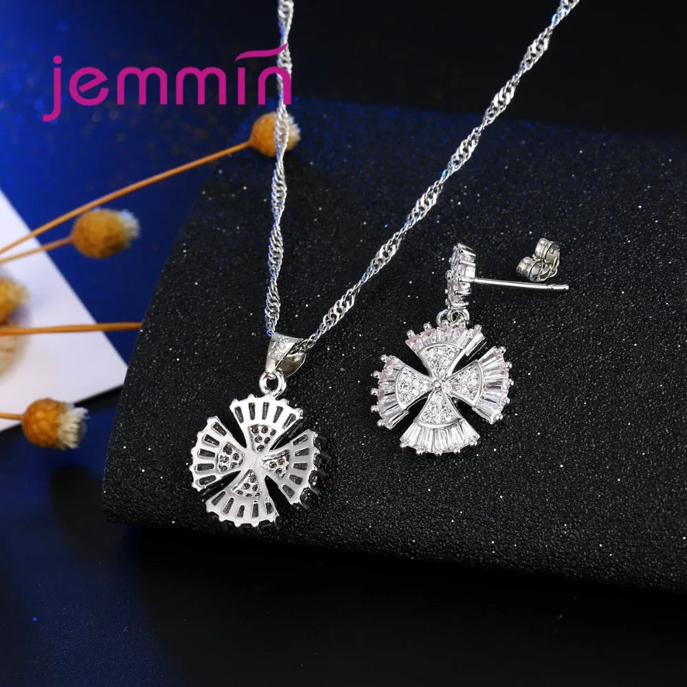 Genuine 925 Sterling Silver Jewellery Set Fashion Shinning Clear Crystal Pendant Necklace Earrings Sets For Women Wedding Party