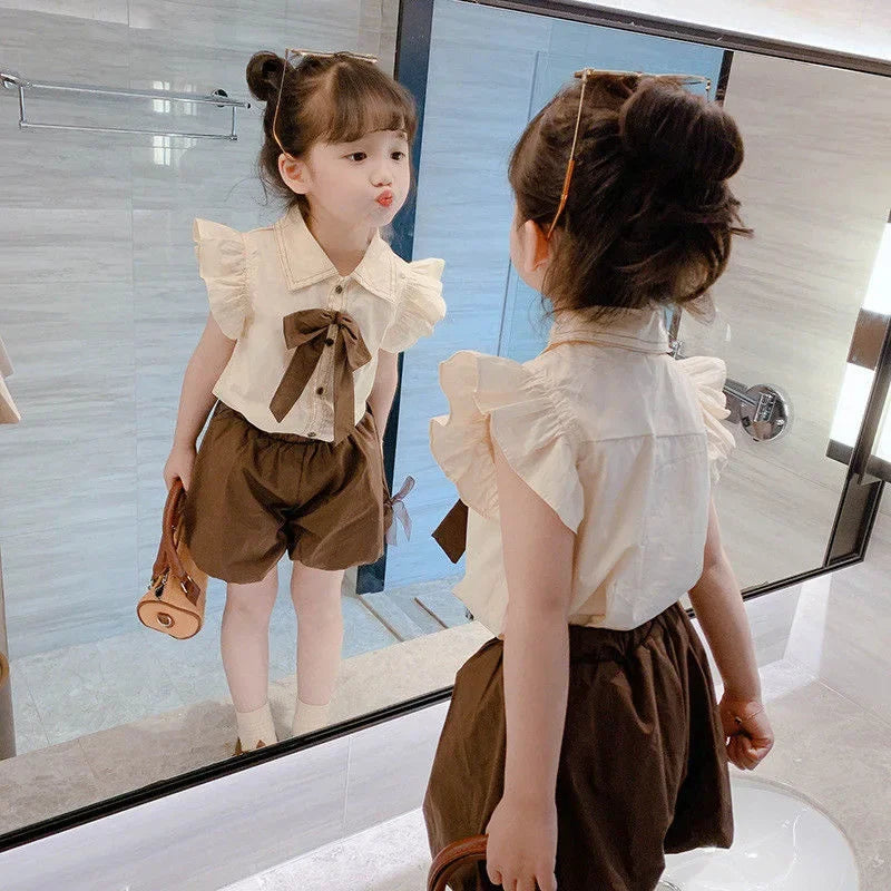 Baby Girls Summer Set 2024 New Bow Tops+shorts Children's Two Piece Set Kids Clothing