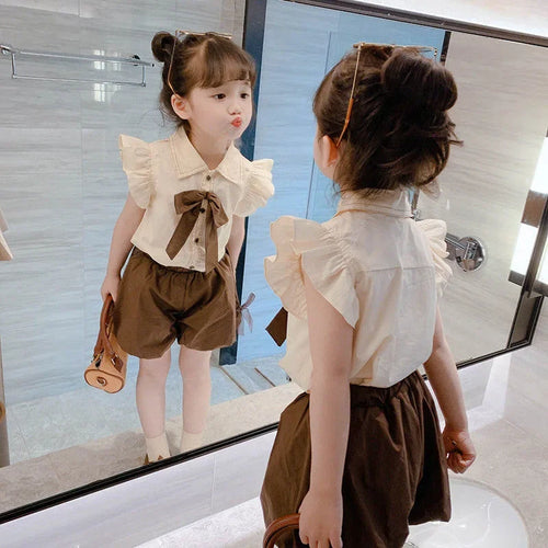 Baby Girls Summer Set 2024 New Bow Tops+shorts Children's Two Piece Set Kids Clothing