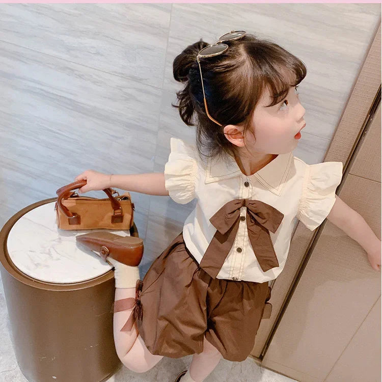 Baby Girls Summer Set 2024 New Bow Tops+shorts Children's Two Piece Set Kids Clothing