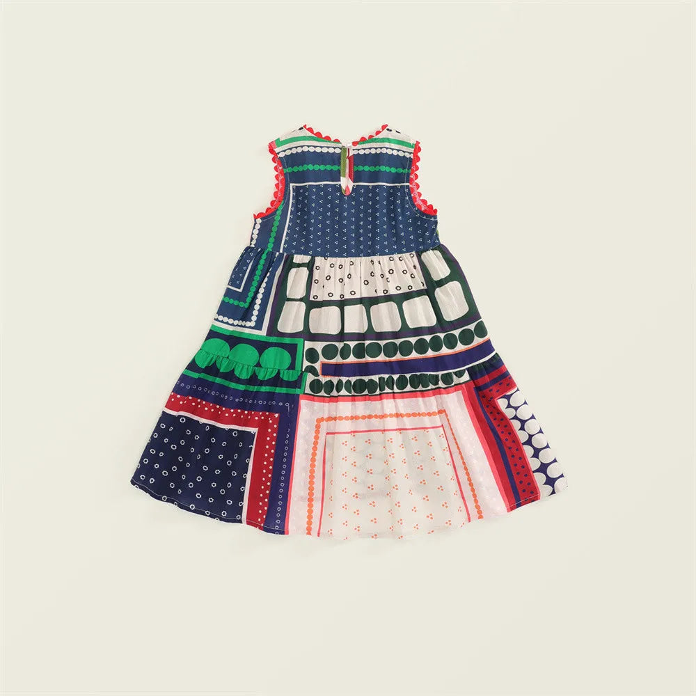 Girls Clashing Patchwork Sleeveless Dress For 2-7 Years Summer Vintage Style Kids Clothing