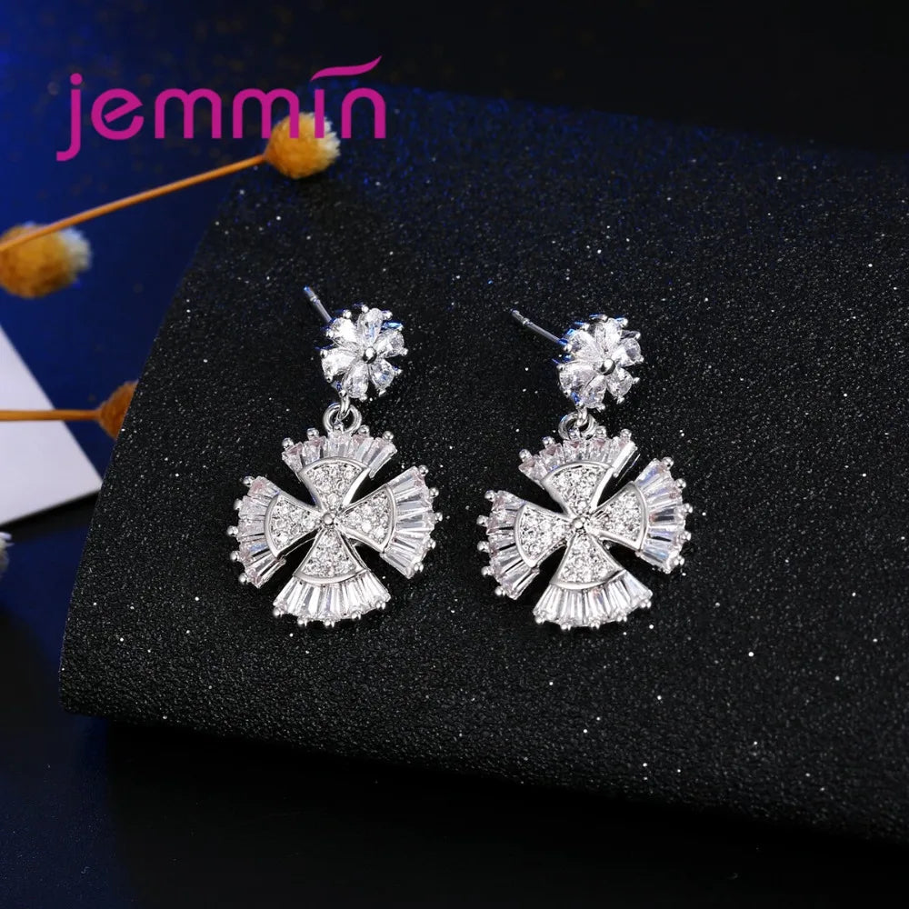 Genuine 925 Sterling Silver Jewellery Set Fashion Shinning Clear Crystal Pendant Necklace Earrings Sets For Women Wedding Party