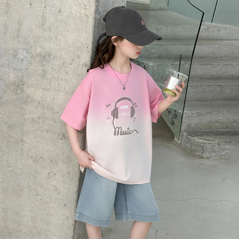 Kids Luxury Clothing Set for Girl Summer Outfit Suit Gradient Top and Bottom Clothes Set Children High Quality Tracksuit Garment