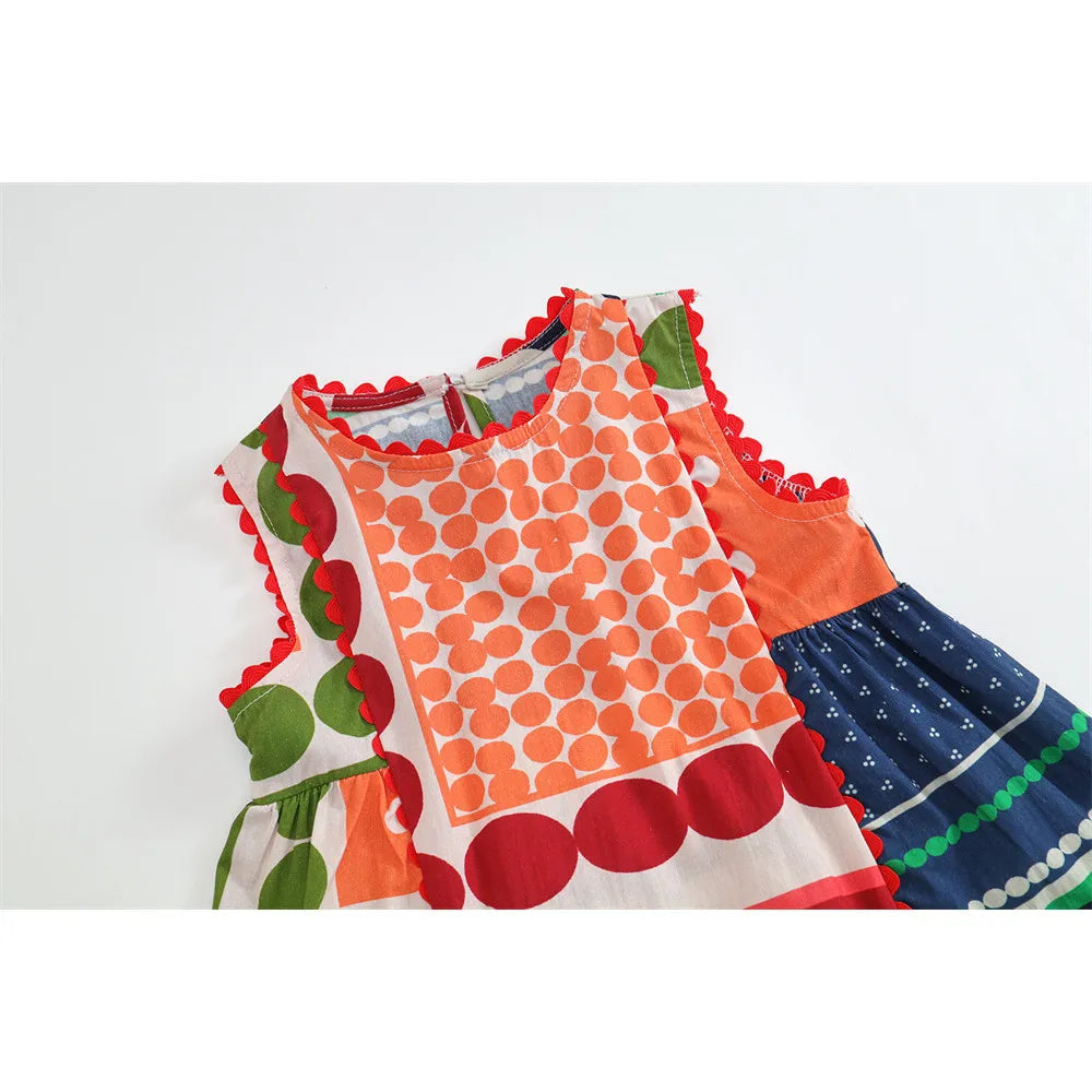 Girls Clashing Patchwork Sleeveless Dress For 2-7 Years Summer Vintage Style Kids Clothing