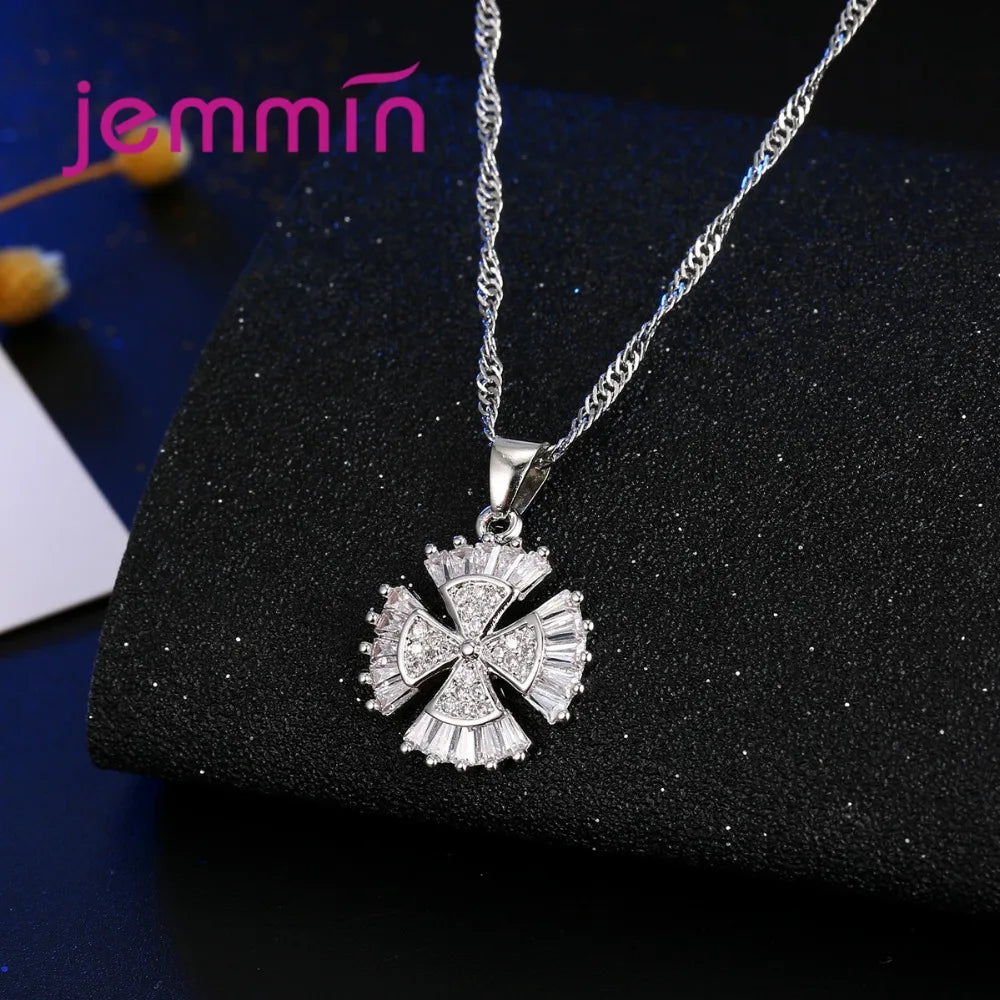 Genuine 925 Sterling Silver Jewellery Set Fashion Shinning Clear Crystal Pendant Necklace Earrings Sets For Women Wedding Party