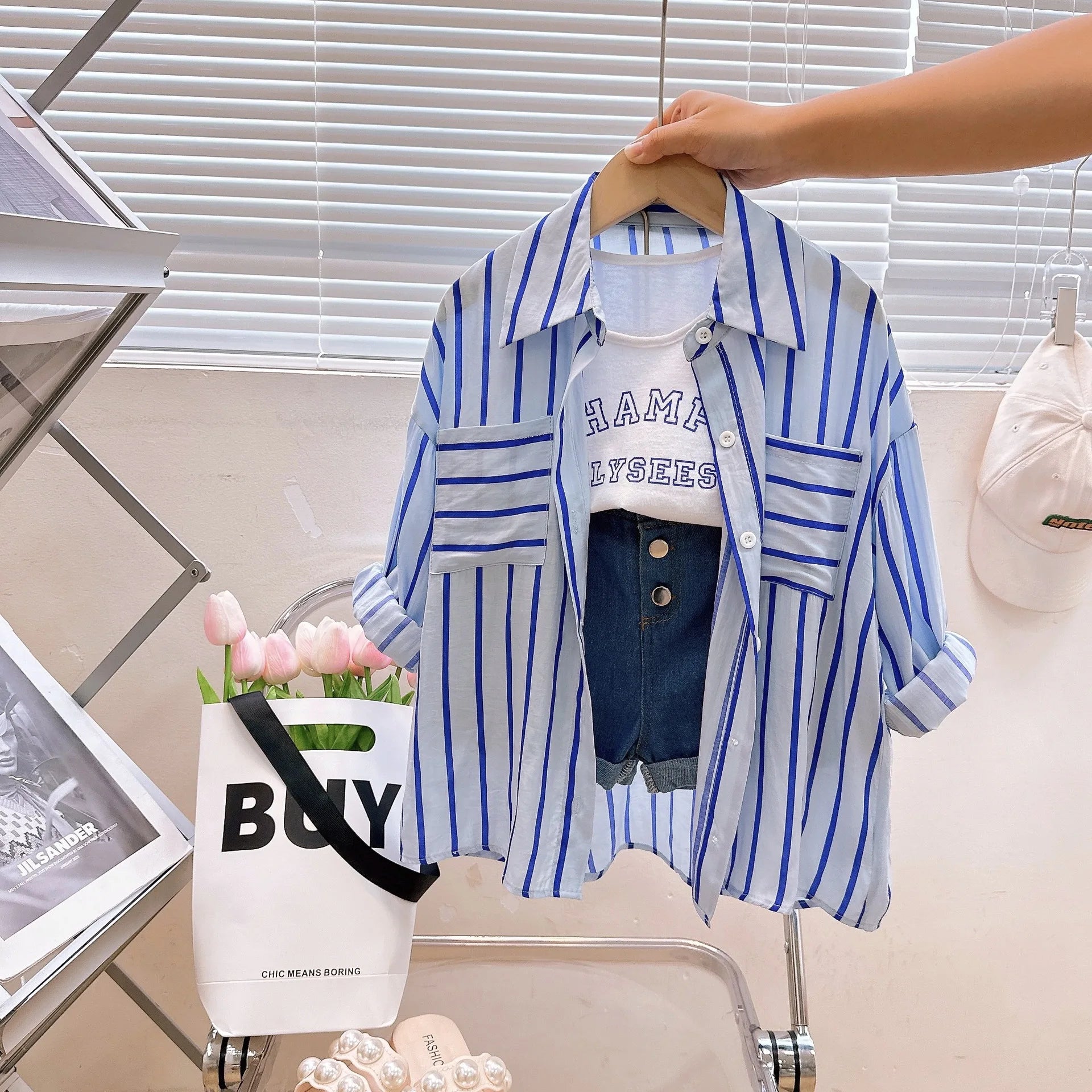 Children's Clothing Sets Striped Long-sleeved Shirt + Monogram Printed Vest+Denim Shorts 3pcs Clothes for Kids Girl 3 To 7 Years