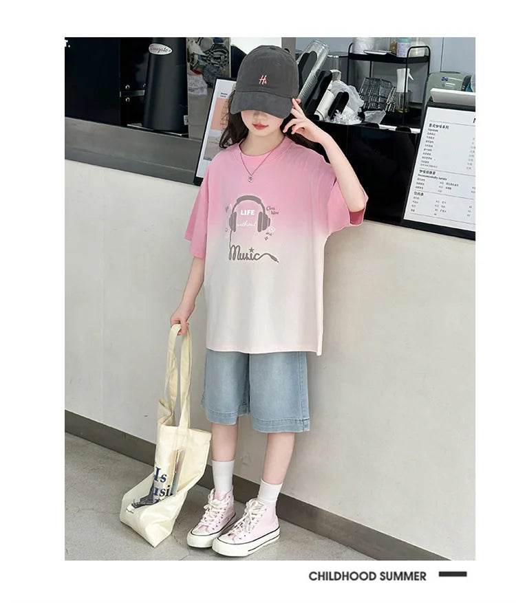 Kids Luxury Clothing Set for Girl Summer Outfit Suit Gradient Top and Bottom Clothes Set Children High Quality Tracksuit Garment