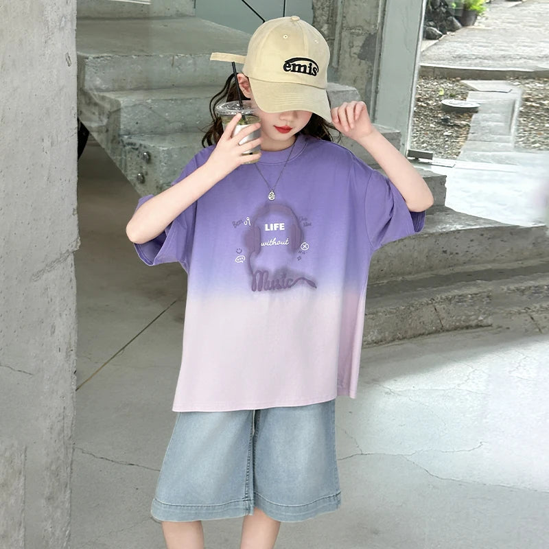 Kids Luxury Clothing Set for Girl Summer Outfit Suit Gradient Top and Bottom Clothes Set Children High Quality Tracksuit Garment