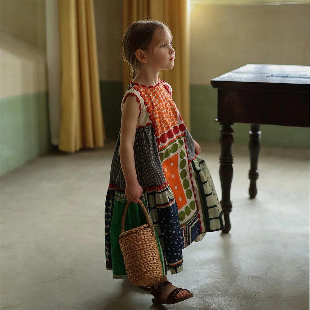 Girls Clashing Patchwork Sleeveless Dress For 2-7 Years Summer Vintage Style Kids Clothing