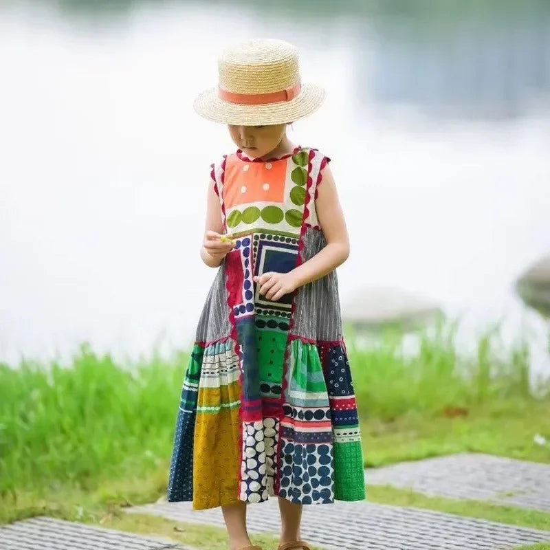 Girls Clashing Patchwork Sleeveless Dress For 2-7 Years Summer Vintage Style Kids Clothing