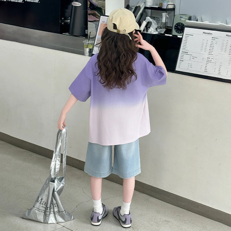 Kids Luxury Clothing Set for Girl Summer Outfit Suit Gradient Top and Bottom Clothes Set Children High Quality Tracksuit Garment
