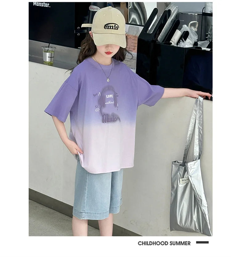 Kids Luxury Clothing Set for Girl Summer Outfit Suit Gradient Top and Bottom Clothes Set Children High Quality Tracksuit Garment