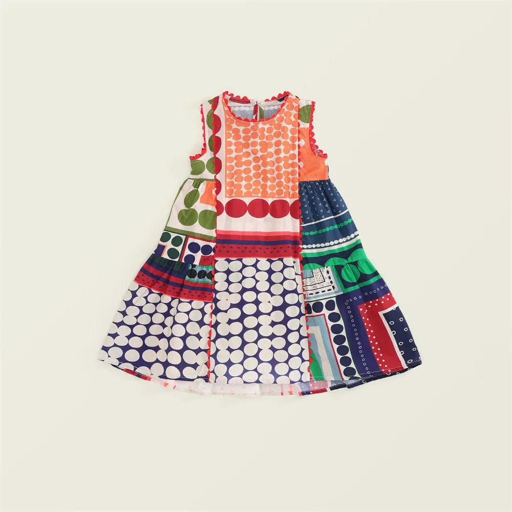 Girls Clashing Patchwork Sleeveless Dress For 2-7 Years Summer Vintage Style Kids Clothing