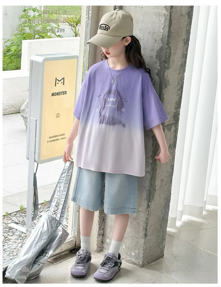 Kids Luxury Clothing Set for Girl Summer Outfit Suit Gradient Top and Bottom Clothes Set Children High Quality Tracksuit Garment
