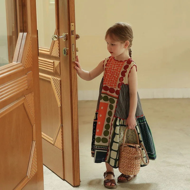 Girls Clashing Patchwork Sleeveless Dress For 2-7 Years Summer Vintage Style Kids Clothing