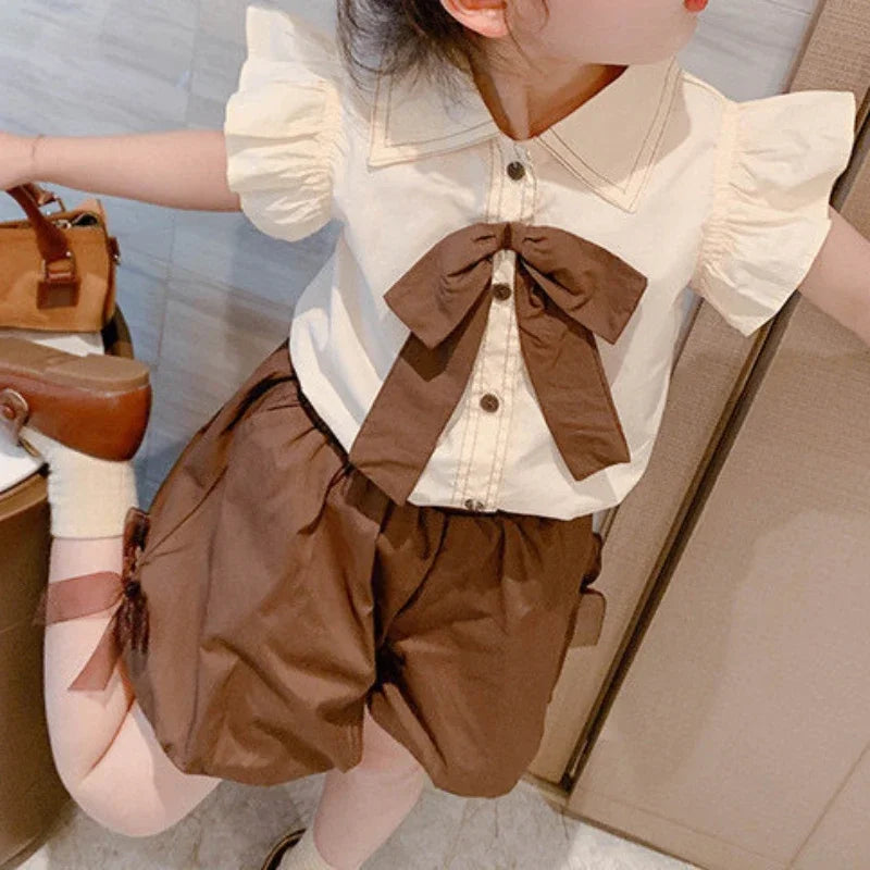 Baby Girls Summer Set 2024 New Bow Tops+shorts Children's Two Piece Set Kids Clothing
