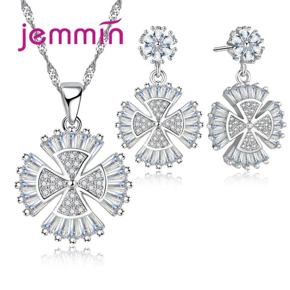 Genuine 925 Sterling Silver Jewellery Set Fashion Shinning Clear Crystal Pendant Necklace Earrings Sets For Women Wedding Party