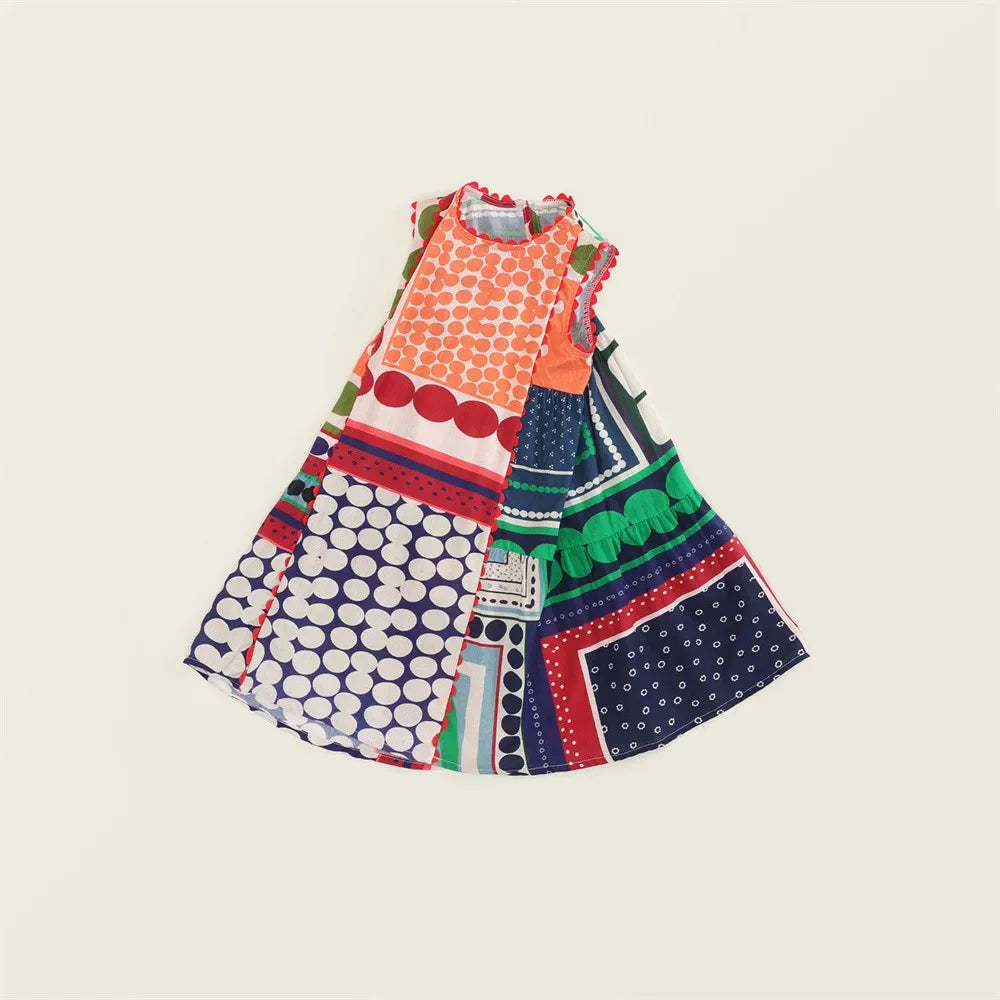 Girls Clashing Patchwork Sleeveless Dress For 2-7 Years Summer Vintage Style Kids Clothing