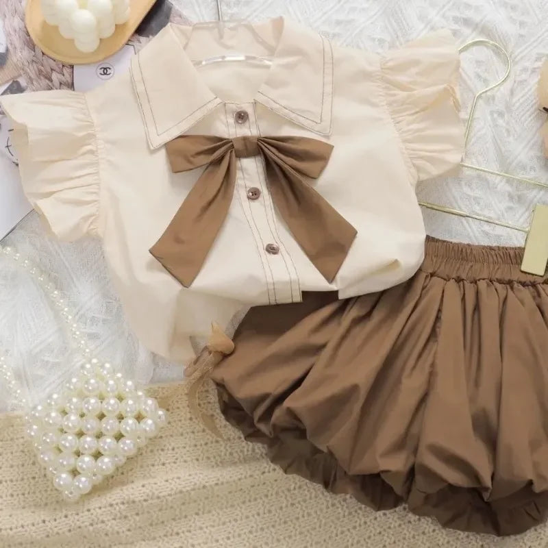Baby Girls Summer Set 2024 New Bow Tops+shorts Children's Two Piece Set Kids Clothing