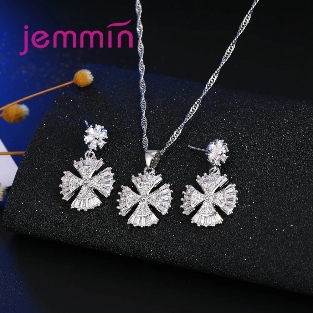 Genuine 925 Sterling Silver Jewellery Set Fashion Shinning Clear Crystal Pendant Necklace Earrings Sets For Women Wedding Party