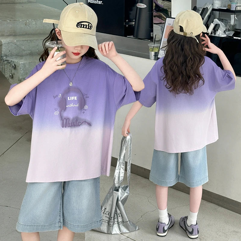 Kids Luxury Clothing Set for Girl Summer Outfit Suit Gradient Top and Bottom Clothes Set Children High Quality Tracksuit Garment