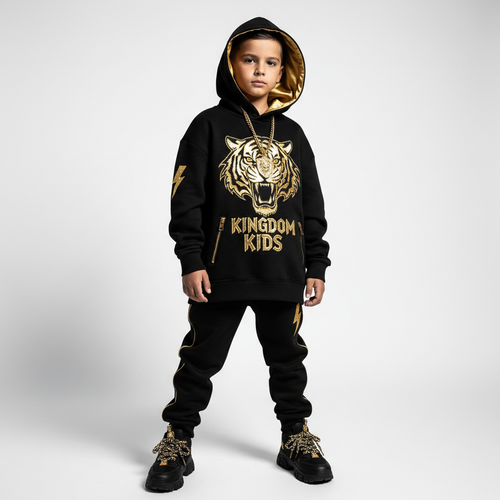Bold luxury kids fashion two-piece set with statement graphics