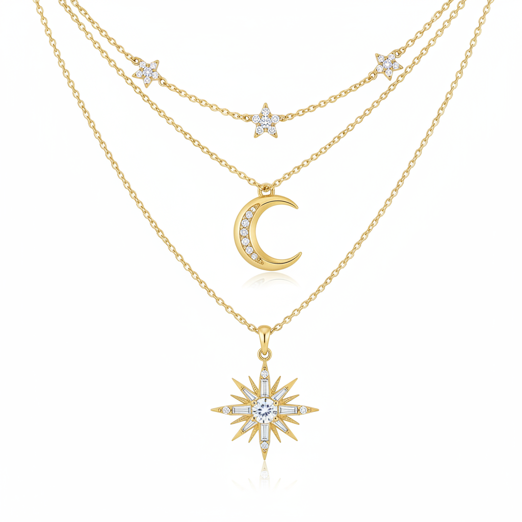Luxury gold celestial layered necklace set with moon and star pendants