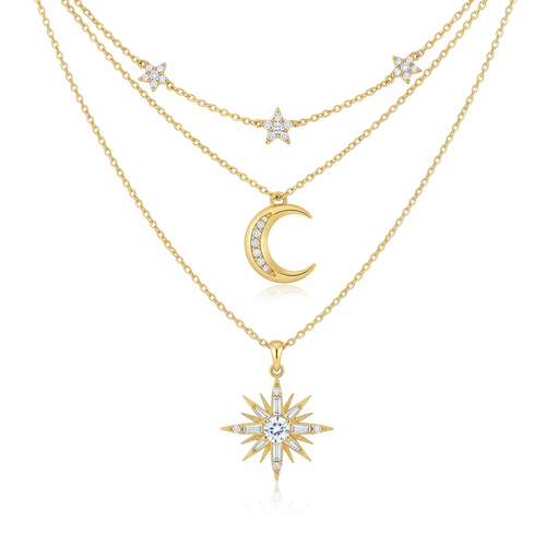 Luxury gold celestial layered necklace set with moon and star pendants